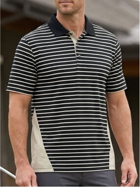 Pro Tour Men Striped Golf Polo Short Sleeve Black Crème Sporty Casual Shirt 1532